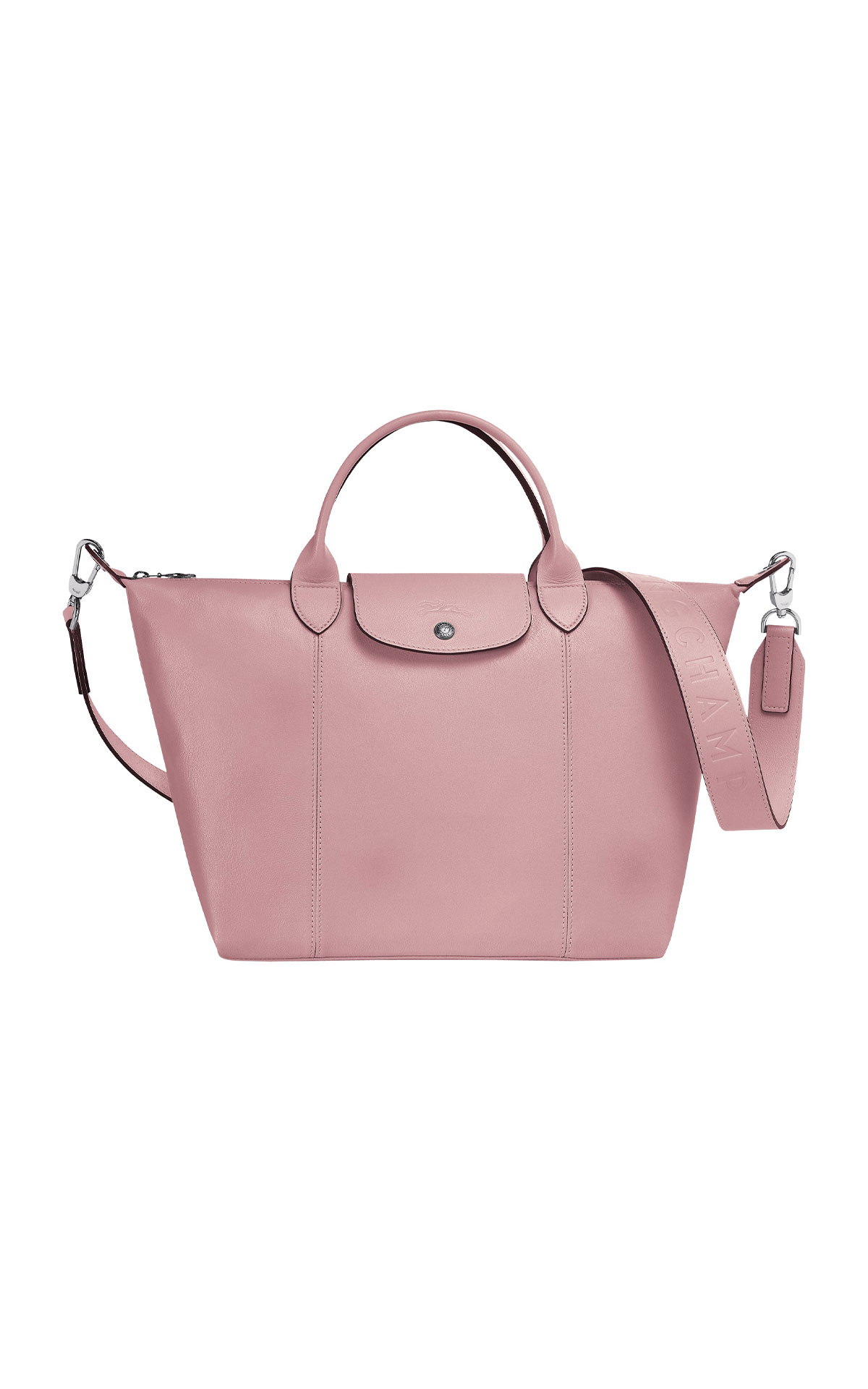 Longchamp Le pliage cuir medium pink bag with shoulder strap from Bicester Village