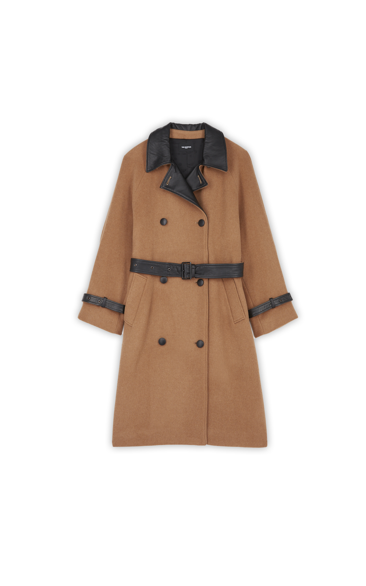 Long camel coat with black leather collar*