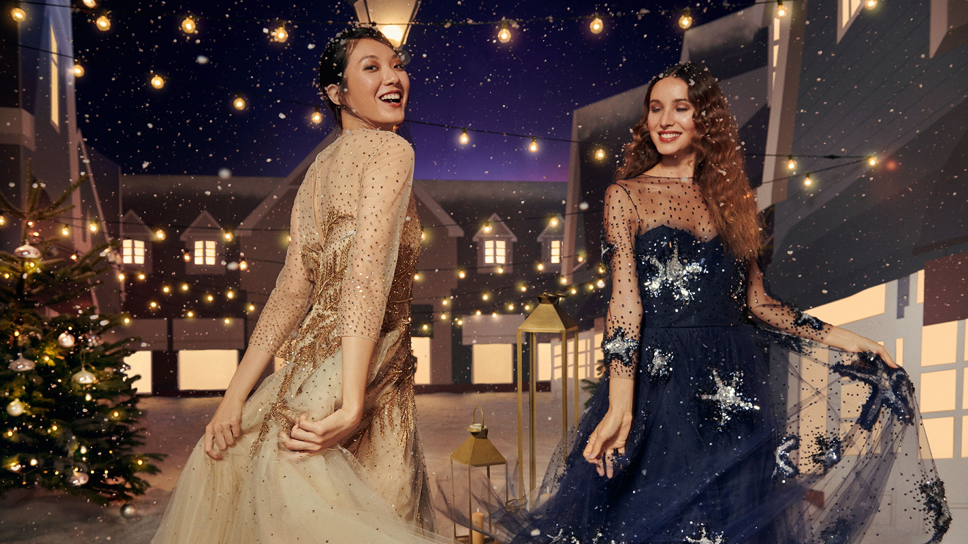 Two women dancing in a winter wonderland wearing beautiful dresses