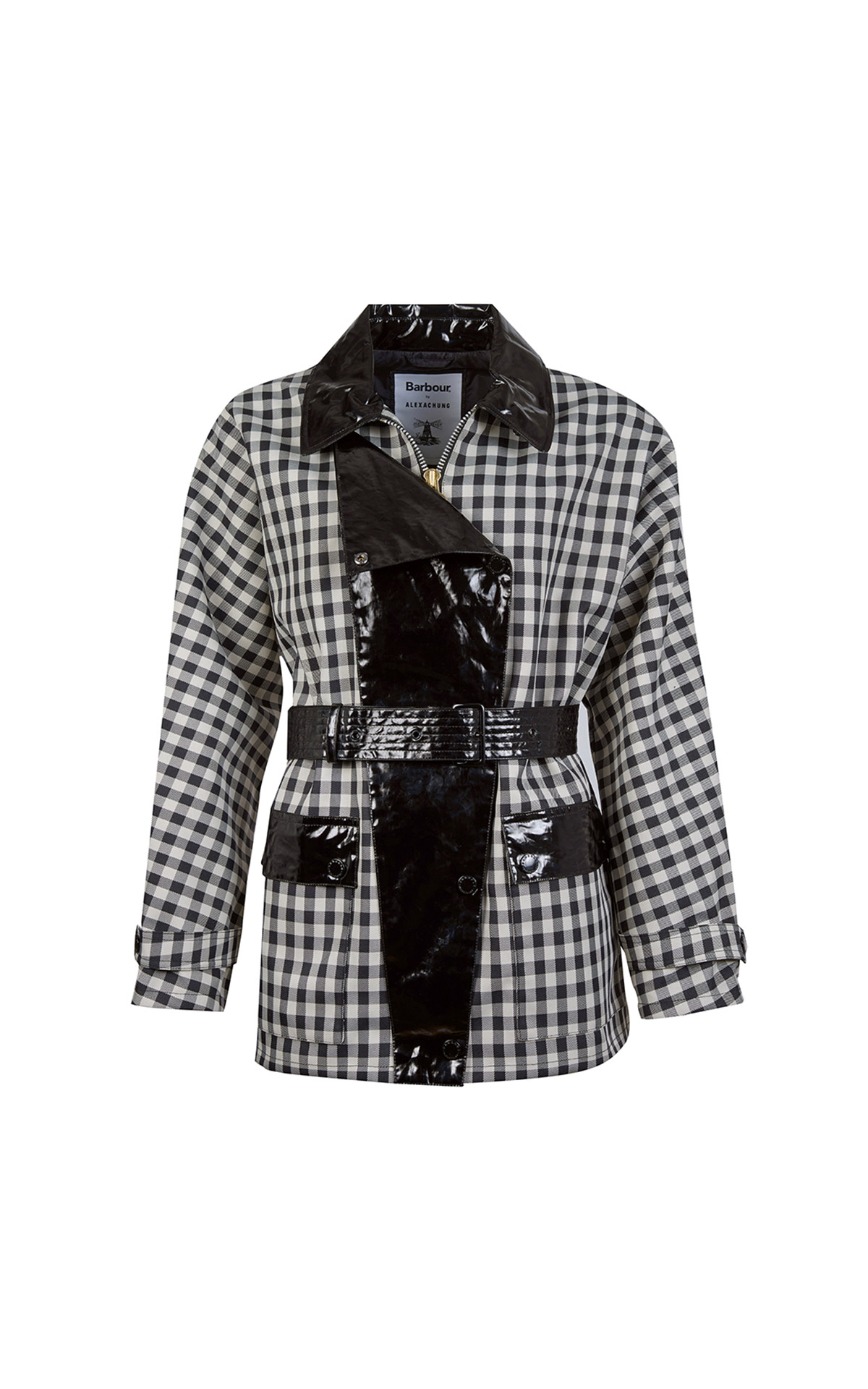 Black and white checked jacket with Barbour patent leather accents Barbour