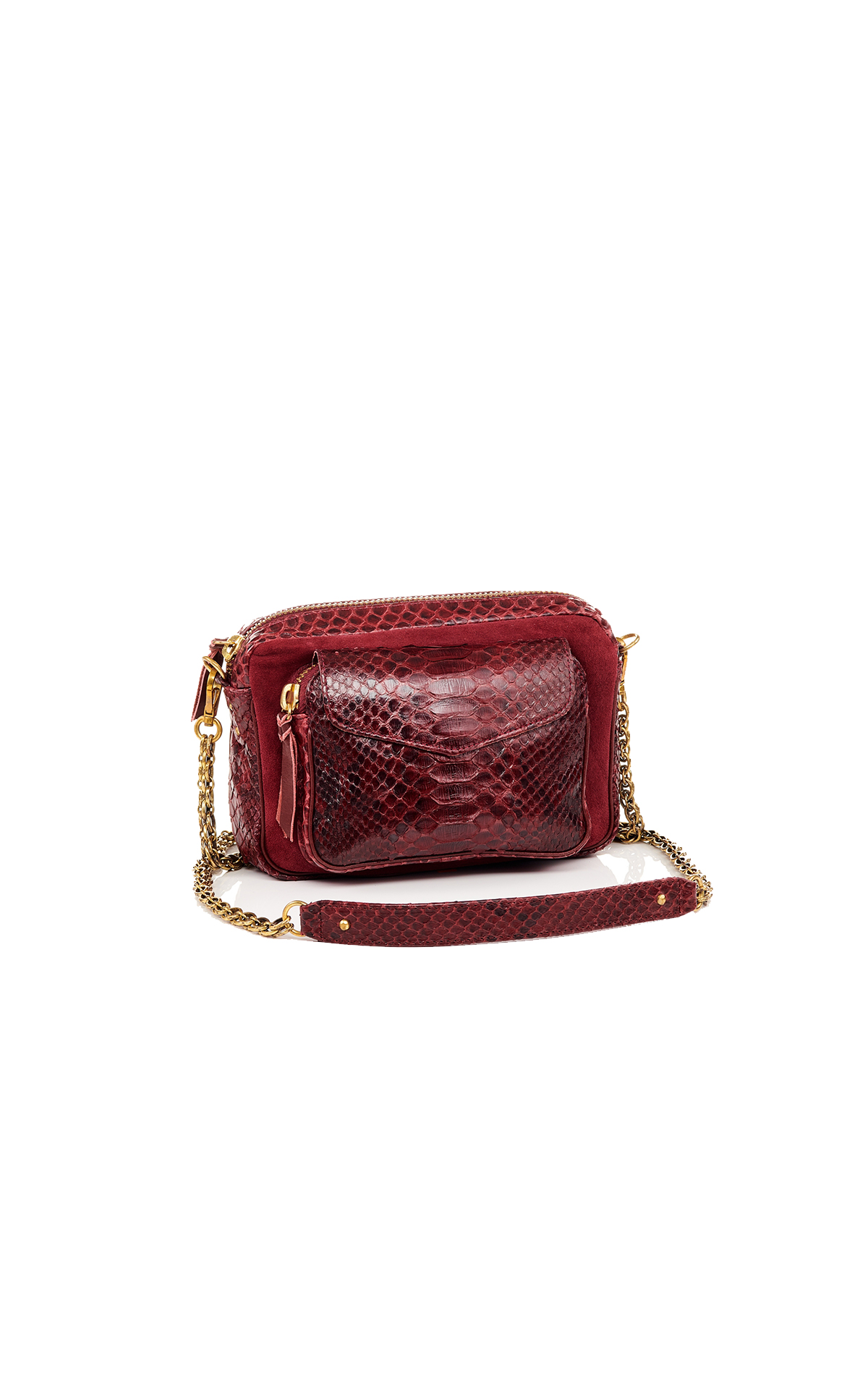 Claris Virot Charly burgundy python and suede bag with chain La Vallée Village